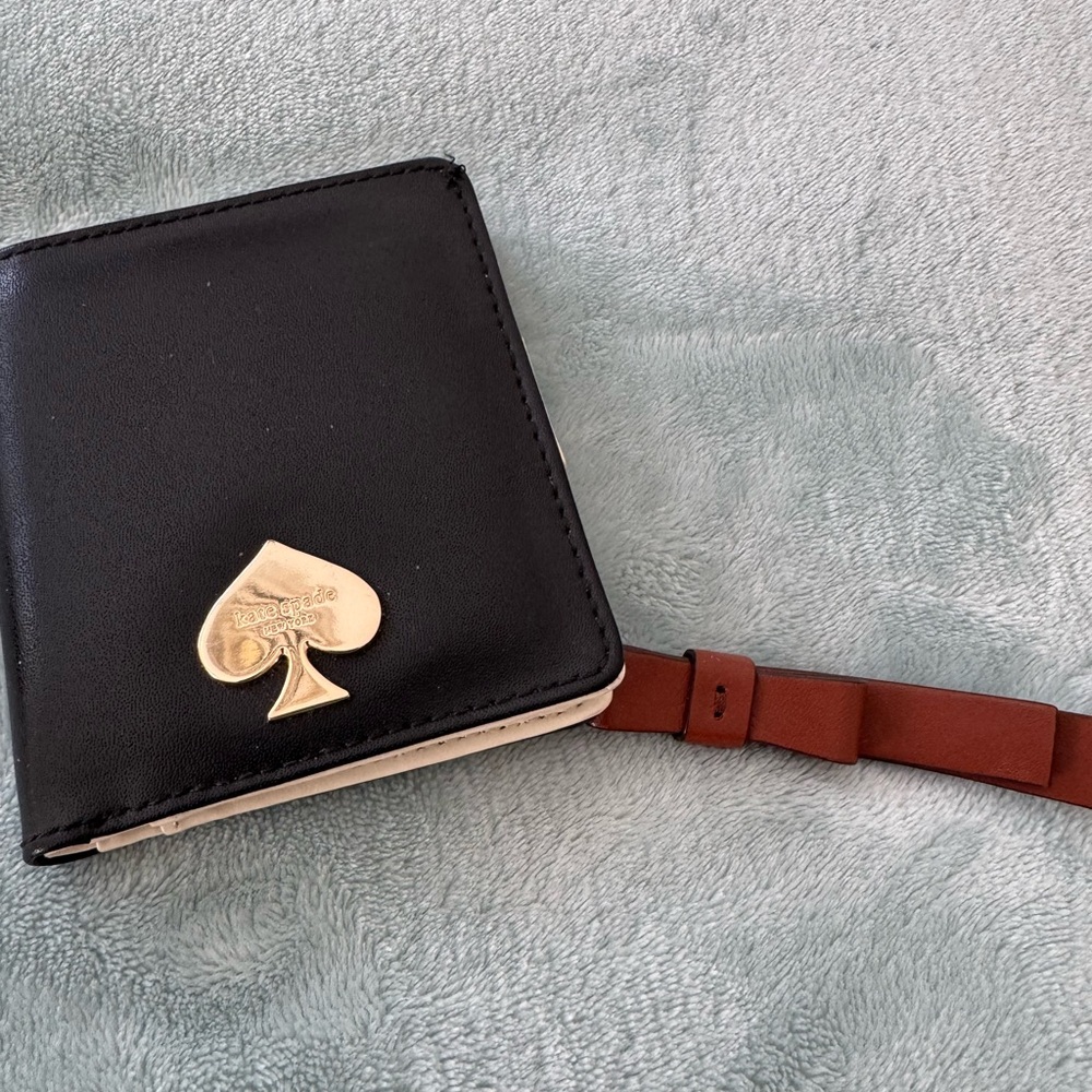 Kate Spade Black Wallet with Gold Logo and Tan Interior & Strap